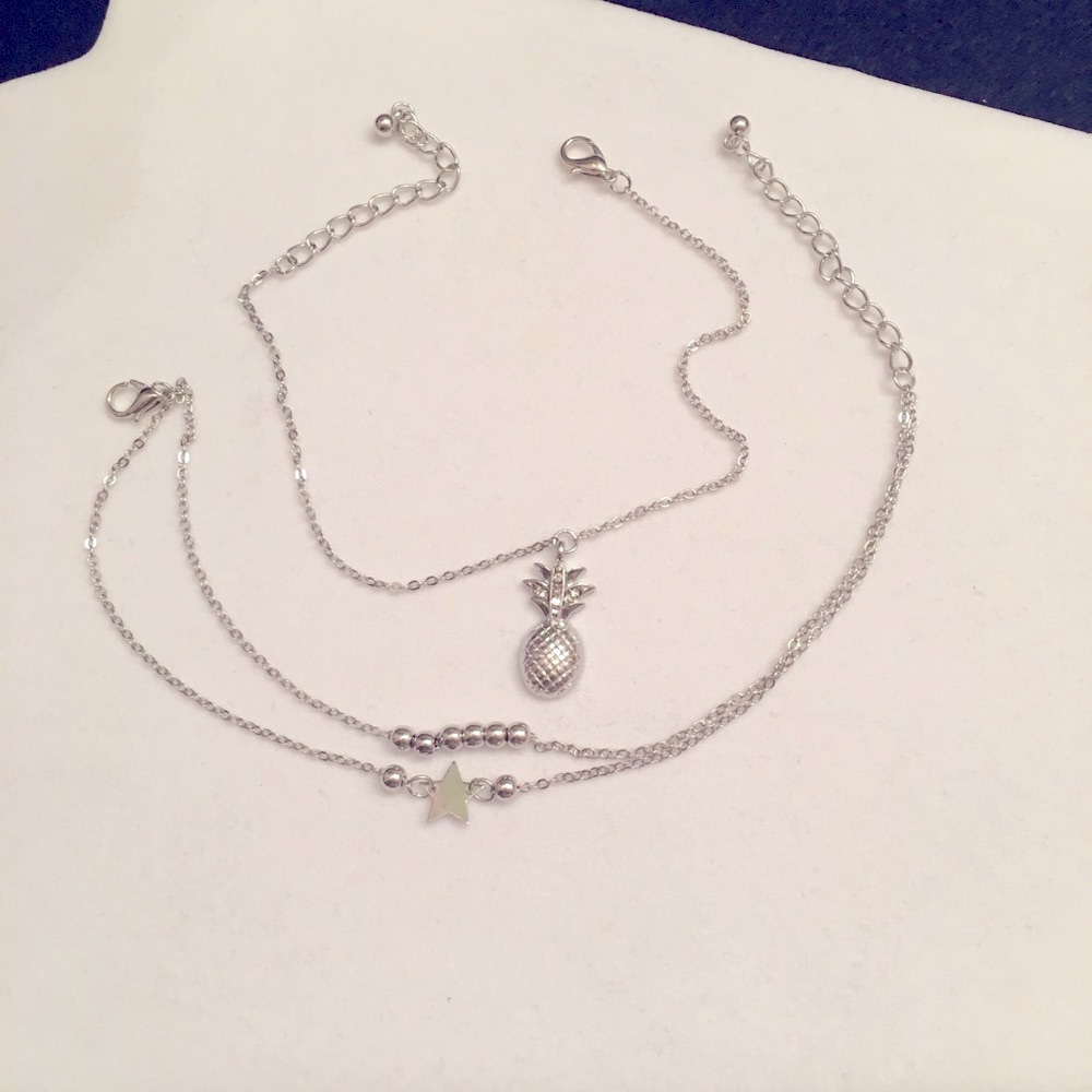 Set of Two silvertone 8”  Ankle Bracelets. Star, beads and pineapple.  New. - Picture 3 of 4